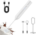 Rechargeable Milk Frother with Stand, Electric Frother Wand Handheld Coffee Foam Maker Detachable Stainless Steel Whisk Drink Mixer Foamer for Latte, Cappuccino, Hot Chocolate, Egg (White)