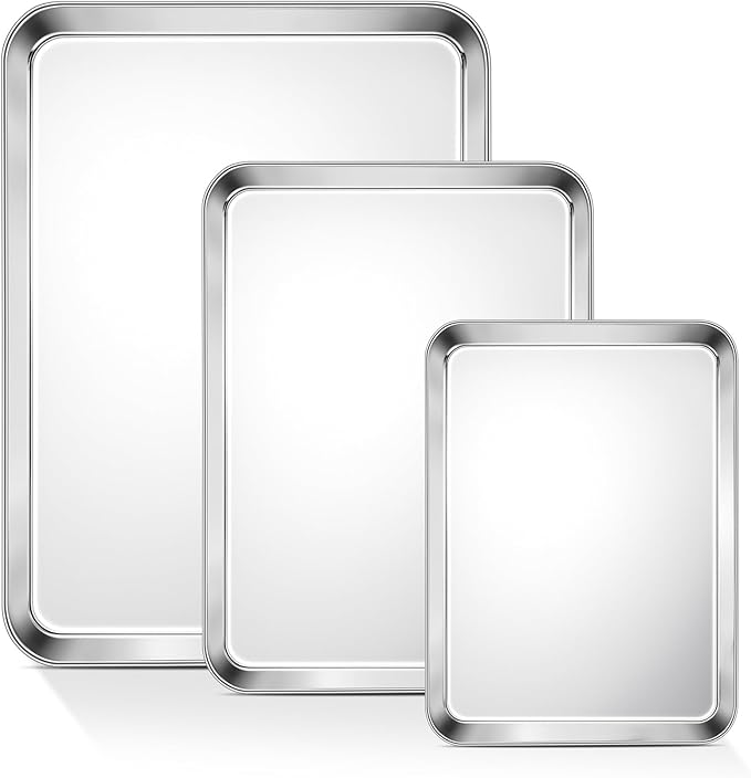 TeamFar Baking Sheet Set of 3, 17.6/16/ 12.5 Inch Stainless Steel Cookie Sheets Baking Pans, Metal Oven Baking Tray for Cooking Roasting Serving, Non-Toxic & Mirror Finish & Dishwasher Safe