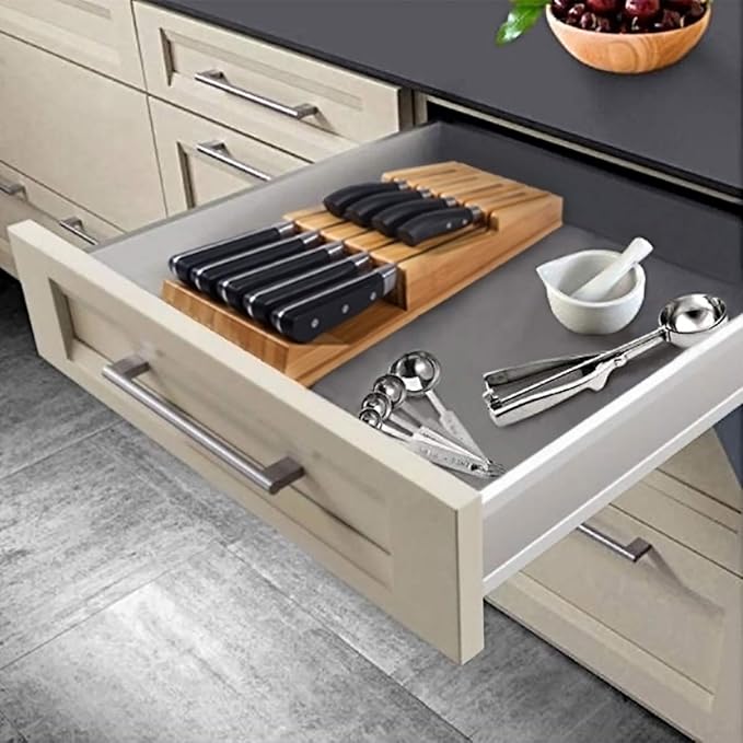 NIUXX Bamboo In-Drawer Knife Block Set for 9 Knives(Not Included), Large Kitchen Detachable Washable Cutlery Slot Organizer Storage Holder for Sharpening Steel and Cutter