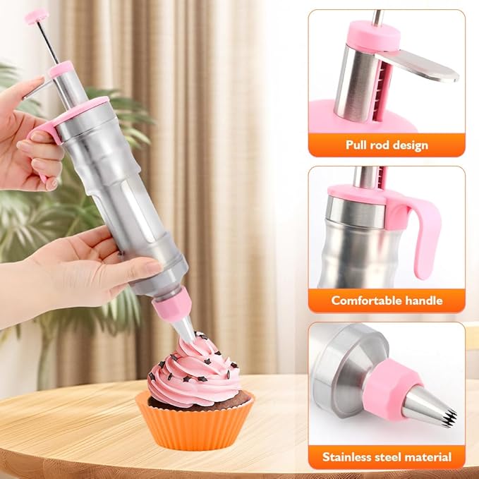 Dessert Decorating Syringe Set, 24Pcs Frosting Piping Kit with 6 Piping Tips, 12 Silicone Cupcake, Stainless Steel Cupcake Decorating Kit Piping Bags and Tips Set