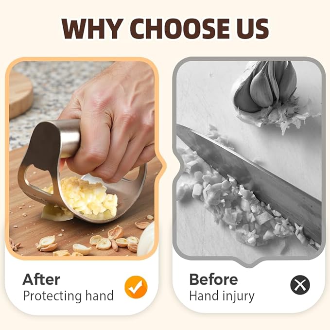 Stainless Steel Garlic Presser, Upgrade Rocker Crusher Masher with Garlic Peeling, 2026 New Portable Manual Stainless Steel Garlic Press for Home Kitchen Utensils (1)