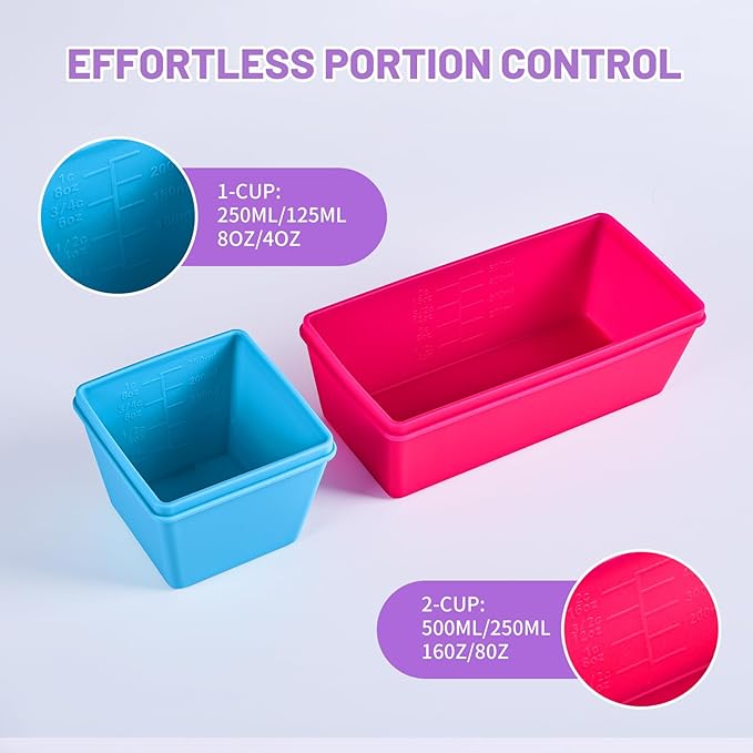 Gemice BPA-Free Silicone Freezer Molds with Base, Individual 6-Pack 1-Cup & 2-Cup Portion Soup Cubes Freezer Tray with Lids for Food Storage, Dishwasher Safe, Silicone Freezer Containers for Meal Prep