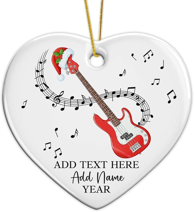 Custom Bass Guitar Christmas Ceramic Ornament, Personalized Guitarist Xmas Ornament with Text Name & Year, Bass Guitar Lovers Christmas Tree Ornaments 2025, Musical Instrument Players Gifts