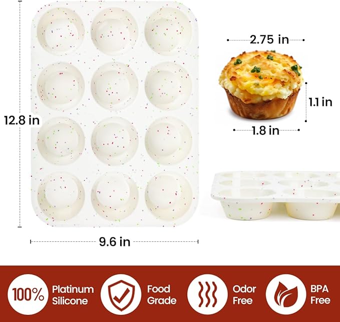 CAKETIME Silicone Muffin Pan, Cupcake Pan 12 Cups Regular Size Muffin Tin Non Stick Muffin Pan for Baking Banana Muffin, Cupcake, Egg Muffin 2 Pack Confetti