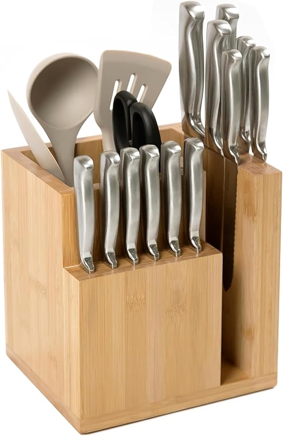 KitchenEdge Bamboo Magnetic Knife Block and Cooking Utensil Holder, Sleek Storage for Chefs Knives, Steak Knives, Spatulas, Scissors, Non-Slip Rubber Feet, Easy to Clean, Kitchen Countertop Organizer