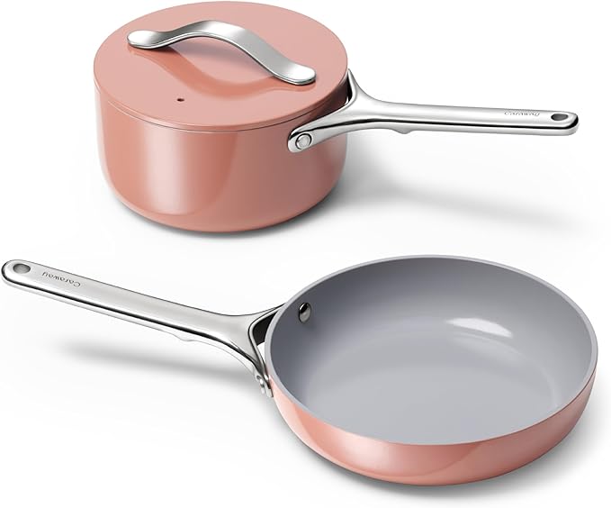 Caraway Mini Cookware Set - Non-Stick Ceramic Fry Pan (1.05 qt, 8") & Sauce Pan (1.75 qt) - Non Toxic, PTFE & PFOA Free - Oven Safe & Stovetop Agnostic (Gas, Electric & Induction) - Perracotta