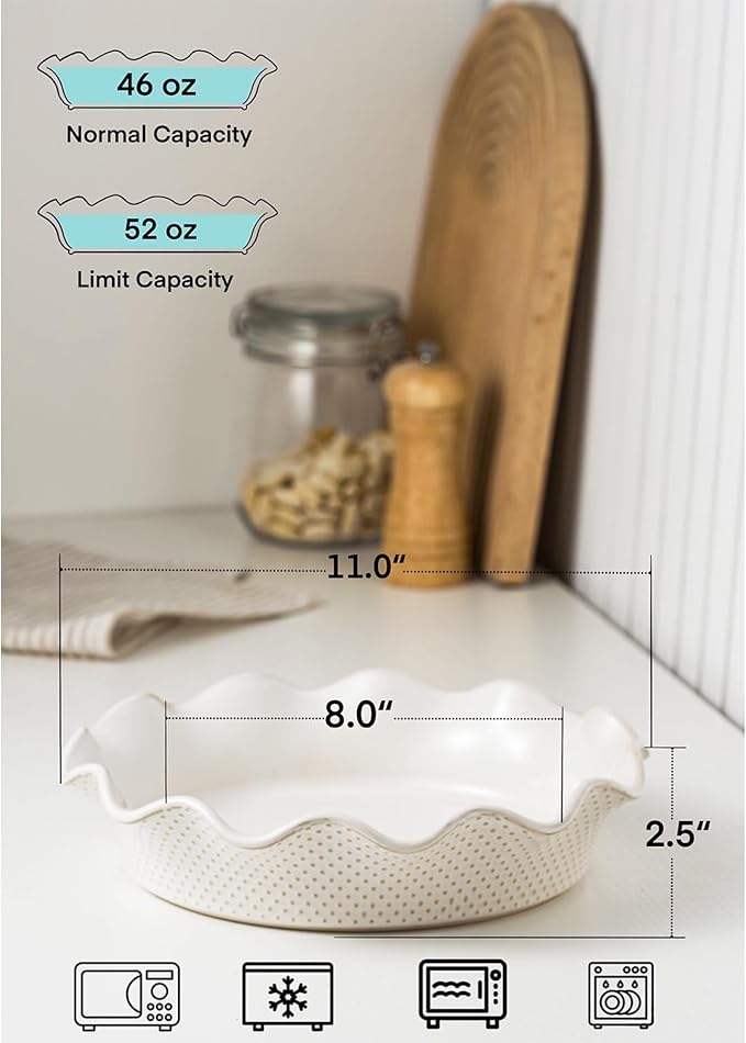 Ceramic Deep Pie Pan for Baking, 11 inch Porcelain Pie Dish for Apple Pie, Oven & Dishwasher Safe, 48 Ounce Deep Plate for Kitchen, Non-Stick Pie Pans,Off-White, Embossed Dots