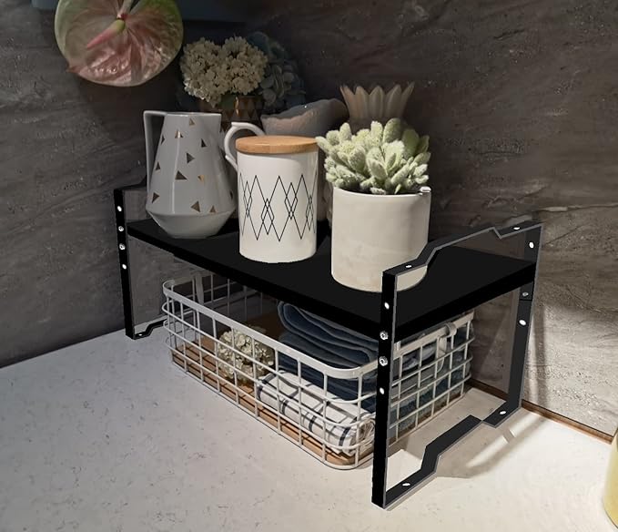 Expandable Shelf for Cabinet Organizer Adjustable Stackable Spice Rack at Kitchen and Bathroom More, Counter Countertop Cupboard Organization Pantry Storage(MEDIUM/1PACK/BLACK)