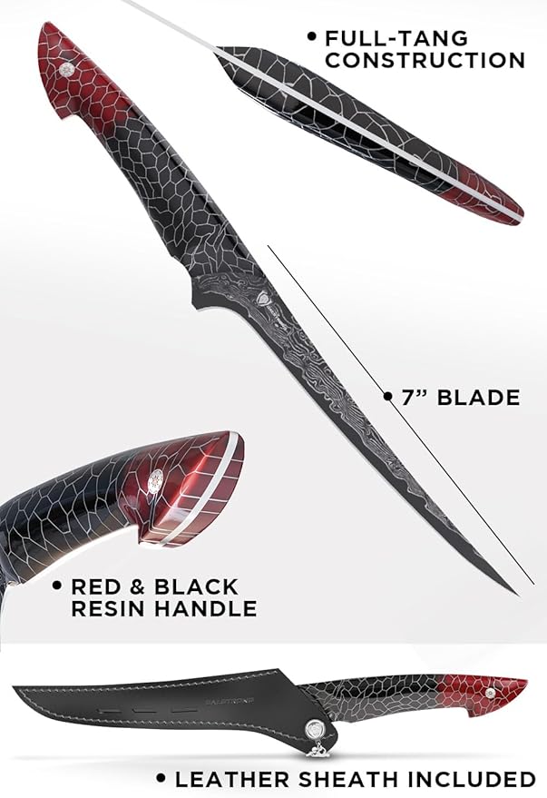 Dalstrong Fillet Knife - 7 inch - Scorpion Series - Exclusive Japanese V12 Ultra™ Steel - Black Damascus - Black & Red Honeycomb Resin Handle Cooking Boning Knife Gift - Custom-Fit Leather Sheath