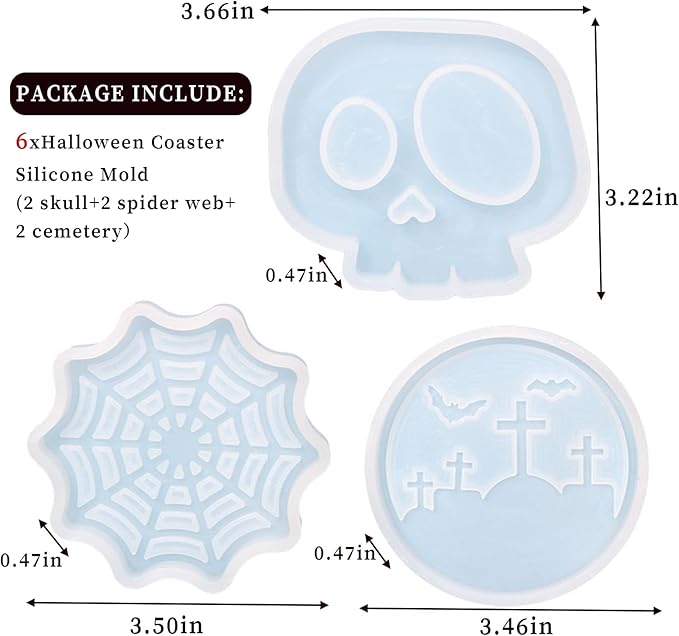 Halloween Coaster Resin Mold, 6Pcs Coaster Silicone Molds for Epoxy Resin, Skull Spider Web Cemetery Coaster Mold for Epoxy Casting, Jewelry Storage Candle Holder Mold for Craft Home Halloween Decor