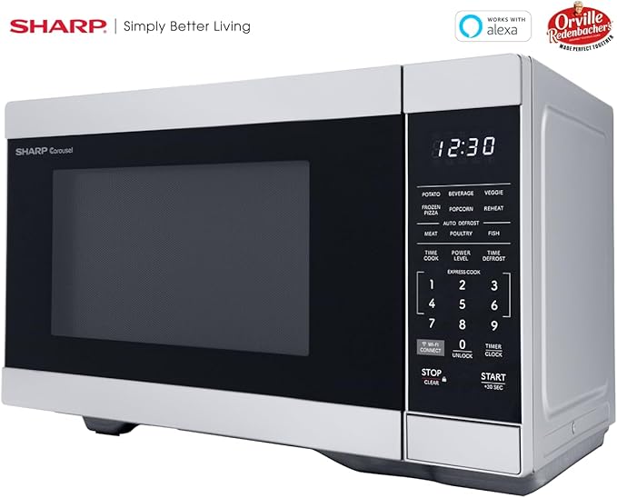 SHARP Countertop Microwave Oven Compatible with Alexa Orville Redenbacher's Certified with Removable 12.4" Carousel Turntable, 1000 Watt, 1.1 Cubic Feet, Stainless Steel