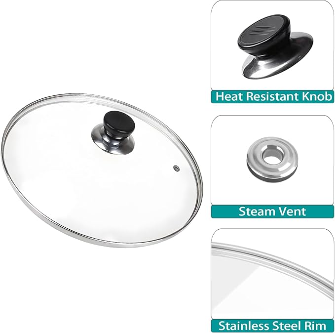 10 Inch Pan Lid, Universal Replacement Pot Lid for Frying Pans, Cast Iron Skillets, Tempered Glass Pan Cover with Steam Vent