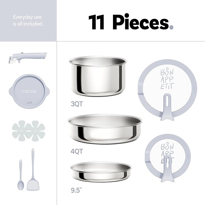 CAROTE Tri-Ply Stainless Steel Cookware Set with Stand-Up Lid, 11Pcs Pots and Pans Set Non Stick, Induction Kitchen Cooking Sets with Detachable Handle, Oven Safe to 600°F, Non Toxic Dishwasher