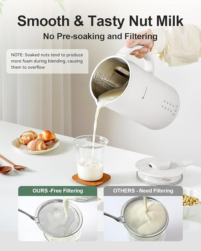 MOKKOM Nut Milk Maker, 42oz Automatic Almond Milk Machine for Homemade Plant-Based Milk, Oats, Soy, Dairy Free Beverages, Soy Milk Maker with Delay Start/Keep Warm/Self-Cleaning/Boiling, White