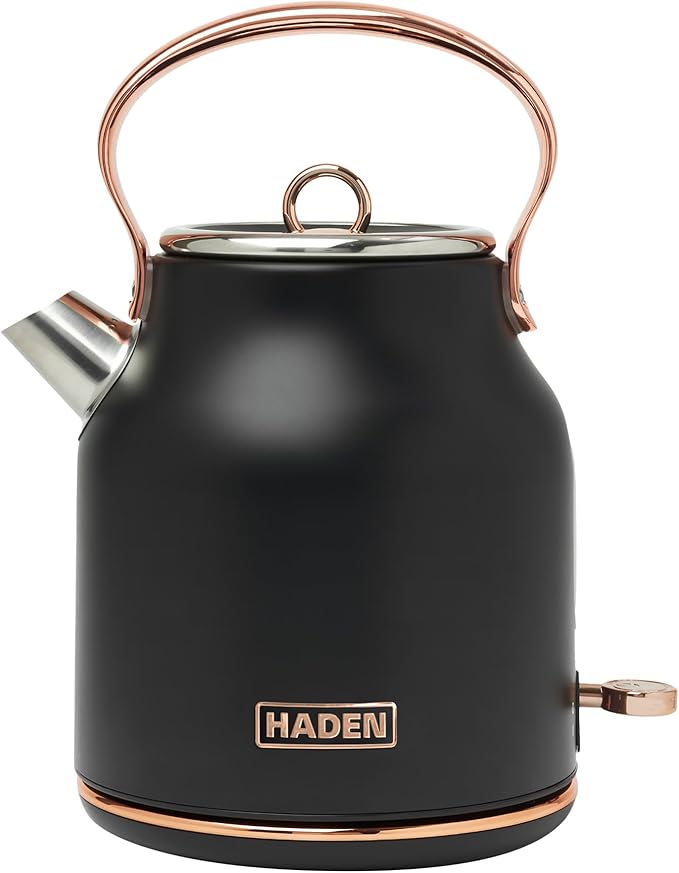 Haden Heritage 1.7 Liter Stainless Steel Electric Kettle, Hot Water Tea Kettle with 360-Degree Base and Auto Shutoff, Black & Copper