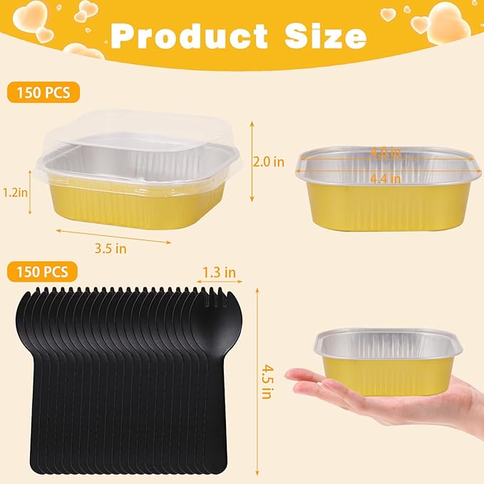 FORBFAN 150 Pack Mini Cake Pans with Lids and Spoons, 8 oz Aluminium Foil Square Brownie Baking Cups, Disposable Ramekins Cupcake Tins Gold