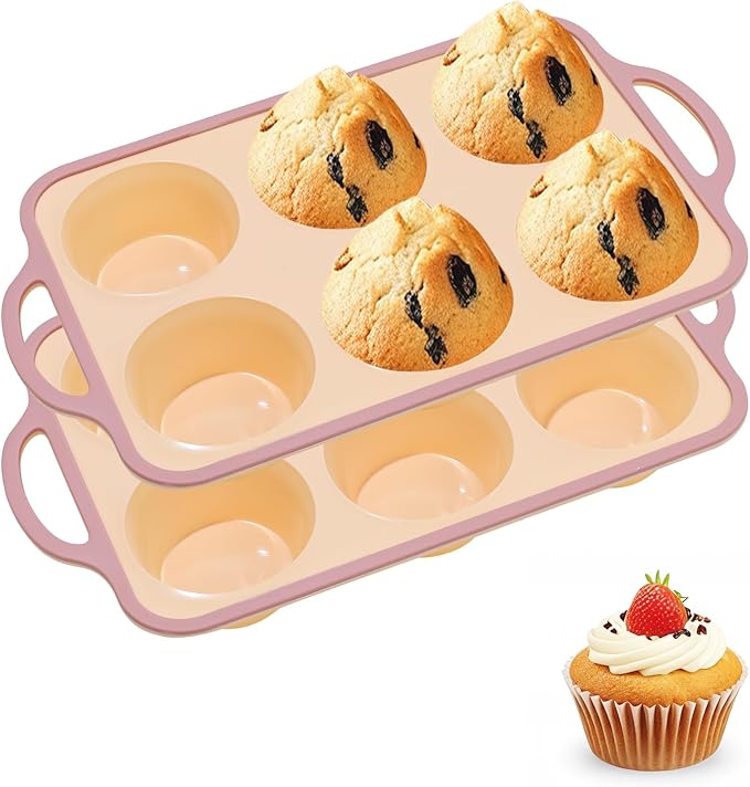 Silicone Jumbo Muffin Pan with Metal Frame, Non Stick Food Grade Silicone Large Muffin Pan, with Handles 6 Cup,BPA-Free and Dishwasher Safe, Jumbo Cupcake Pans - 2 Piece Yellow