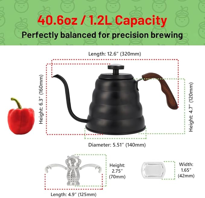 Japanese Gooseneck Kettle Stovetop with Thermometer and Insulated Handle (4-piece, 1200ml / 40.6 oz), Stainless Steel Pour Over Tea Kettle Stovetop, Precision Pour Kettles Pot for Coffee & Tea