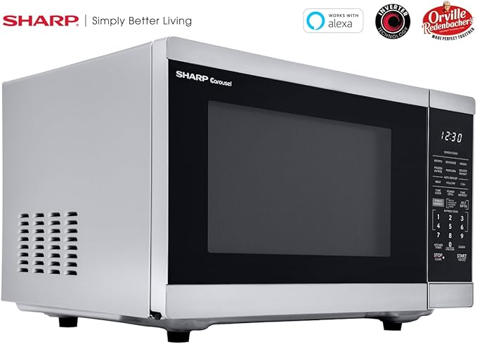SHARP Countertop Microwave Oven Compatible with Alexa Orville Redenbacher's Certified with Removable 12.4" Carousel Turntable, 1000 Watt, 1.1 Cubic Feet, Stainless Steel