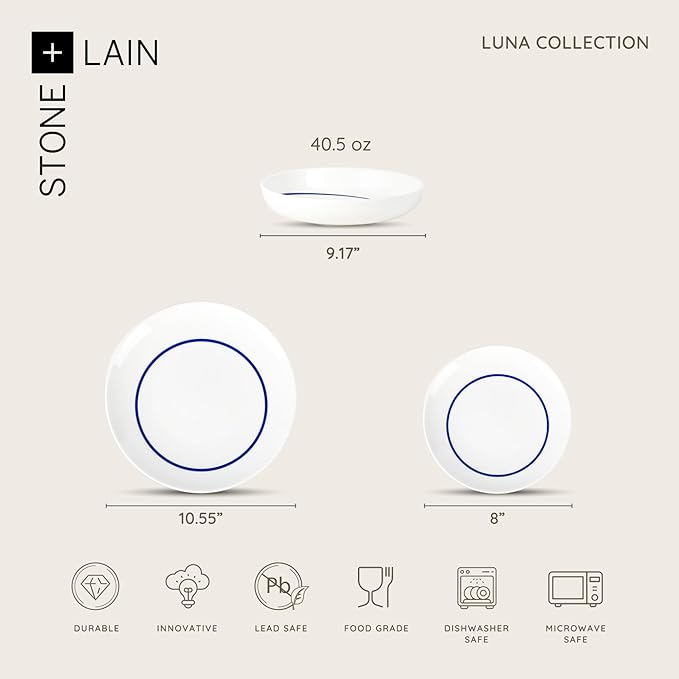 Stone Lain Luna 12-Piece Porcelain Dinnerware Set, Plates and Bowls Set, Dish Set for 4, Blue