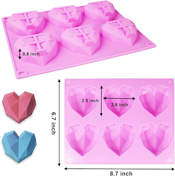 Heart Silicone Molds, AITRAI 2 Pack 3D Diamond Heart Chocolate Molds Soap Mold for Soap Making Silicone Cake Molds Mousse Mold, Gift for Birthday Wedding