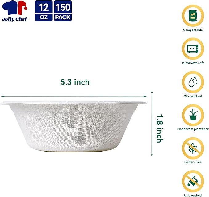 JOLLY CHEF Compostable Disposable Paper Bowl [12 oz] Heavy Duty Soup Containers [150 Pack] Biodegradable Bagasse Hot Cold Food Eco-Friendly Sugarcane Microwavable Bowls for Salad Milk Thanksgiving Day