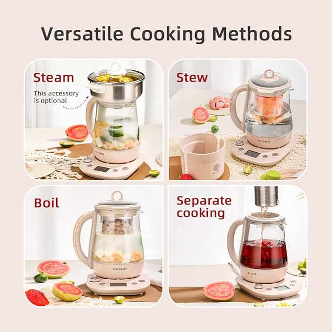 BUYDEEM Health Pot K2763-BA-PK Lite, Glass Electric Kettle for Tea & Coffee, Hot Water Boiler and Wamer with Stew Pot, Temperature Control, Pink, 1.5L
