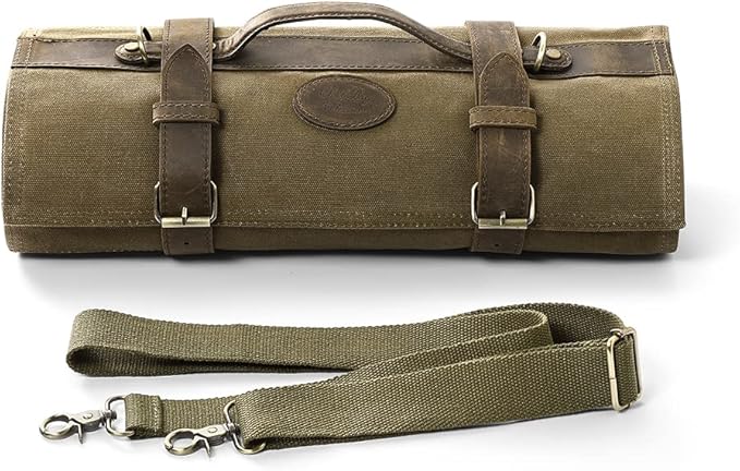 HEZHEN Chef Knife Roll Bag 16oz Oil Waxed Canvas, Heavy Duty Portable Backpack Knife Case Storage, 12 Slots & 2 Zipper Pockets, Detachable Adjustable Leather Shoulder Strap Belt（Not Included Knives）