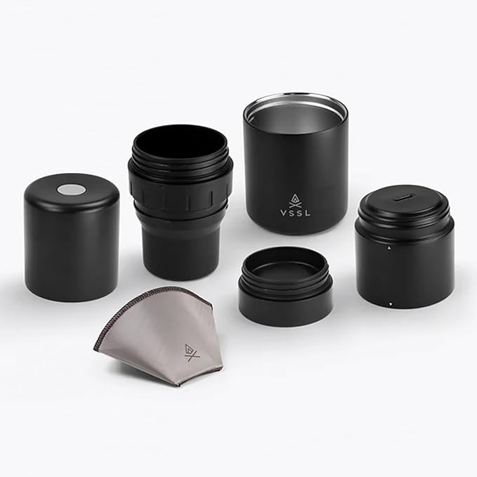 VSSL - Nest Pour Over Coffee Kit | Coffee Maker for Camping | All-In-One Travel Pour Over | Transportable Dripper, Two 10oz Stainless Steel Travel Mugs | Compact Storage & Adventure Ready | Black