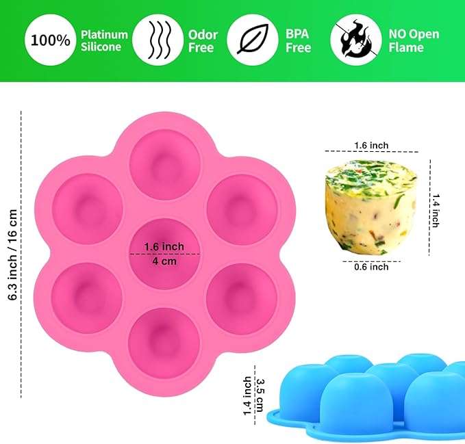 GOKCEN's Silicone Egg Bite Molds [2 Pack] Instant Pot Accessories - Fit Instant Pot 5,6,8 qt Pressure Cooker - Food Freezer Tray with Lid - Reusable Storage Container (Pink & Green - Egg Bite Mold)