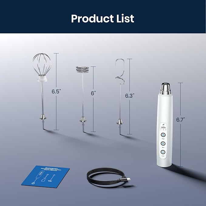 Milk Frother Rechargeable Handheld-Electric Whisk 3 Speed Adjustable, Coffee Frother Wand with 3 Stainless Whisks, Electric Foam Maker, Drink Mixer Blender for Latte Cappuccino Matcha Egg