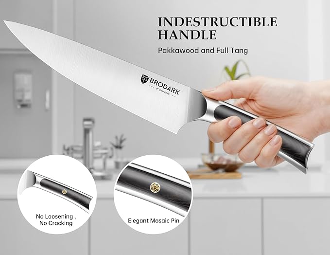 BRODARK Kitchen Knife Set with Block and Sharpener,15 PCS High Carbon Stainless Steel Knife Block Set, Ergonomic Pakkawood Handle for Christmas Kitchen Cooking