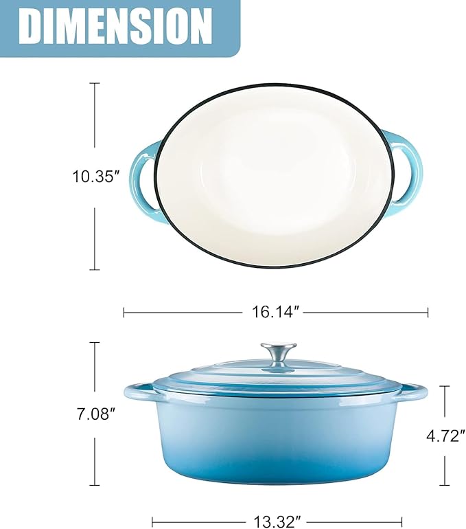 Enameled Cast Iron Oval Dutch Oven, 7 qt Oval Dutch Oven Pot with Lid and Dual Handles for Braising, for Braising, Broiling, Bread Baking, Frying, Light Blue