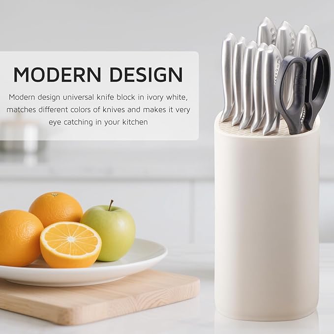 Universal Knife Block Holder for Kitchen, WELLSTAR Knife Stand without Knives, Safe Space Saver Large Volume Stable Knife Storage with Scissors Slot, Detachable for Easy Cleaning – Off-White