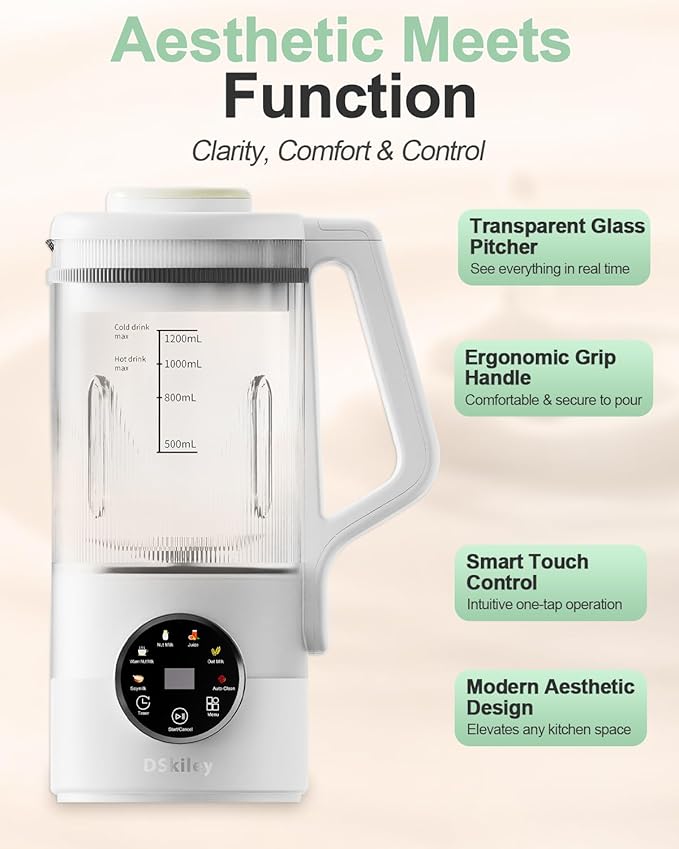 Nut Milk Maker Machine – 40oz Glass Almond, Soy & Oat Milk Maker with Juice Maker – No Soaking Required, Self-Cleaning, Delay Timer, Ultra-Smooth & High Yield (White, 40oz)
