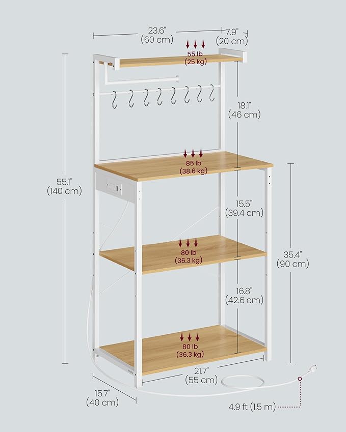 VASAGLE Kitchen Bakers Rack with Power Outlet, Coffee Bar 4-Tier with 8 S Hooks, Microwave Stand, Adjustable Shelf, for Small Spaces, Golden Oak and Cloud White UKKS014Y01V1