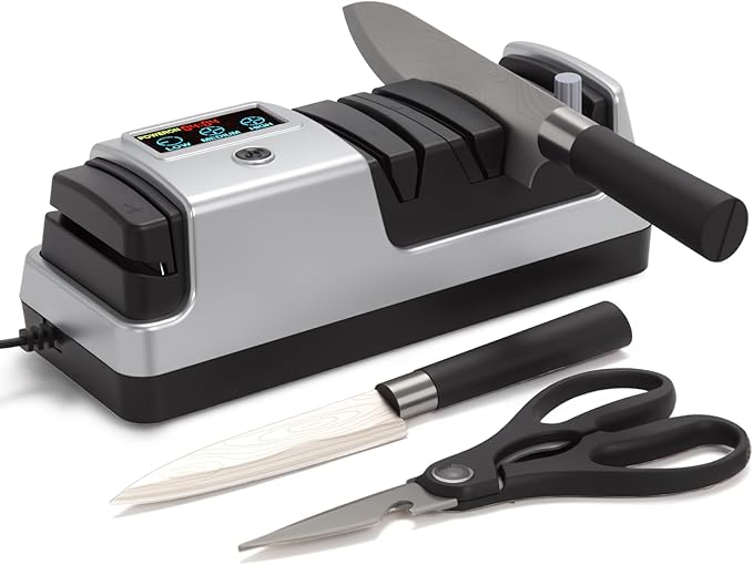 Silver Professional 3-Stage Electric Knife Sharpener for Kitchen Knives, LCD Screen, 100% Diamond Abrasive, Adjustable Rotational Speed, Precision Angle Guides for All Kitchen Knives