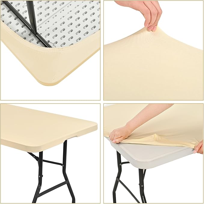 10 Pack Fitted Tablecloth for 8 Foot Rectangle Tables, Beige Elastic Outdoor Picnic Table Cover, Washable Stretch Folding Table Cloths 8 ft for Camping Party Patio Kitchen Banquet, 30" W x 96" L