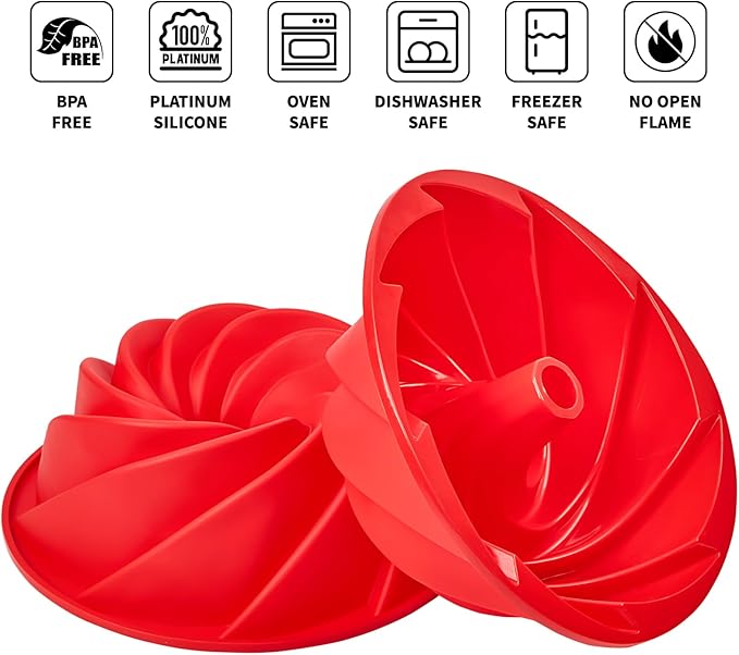 9.7 Inch Silicone Spiral Fluted Tube Cake Pan, 2 Pack Non Stick Silicone Baking Molds for Cake, Bread, Brownie, Jello
