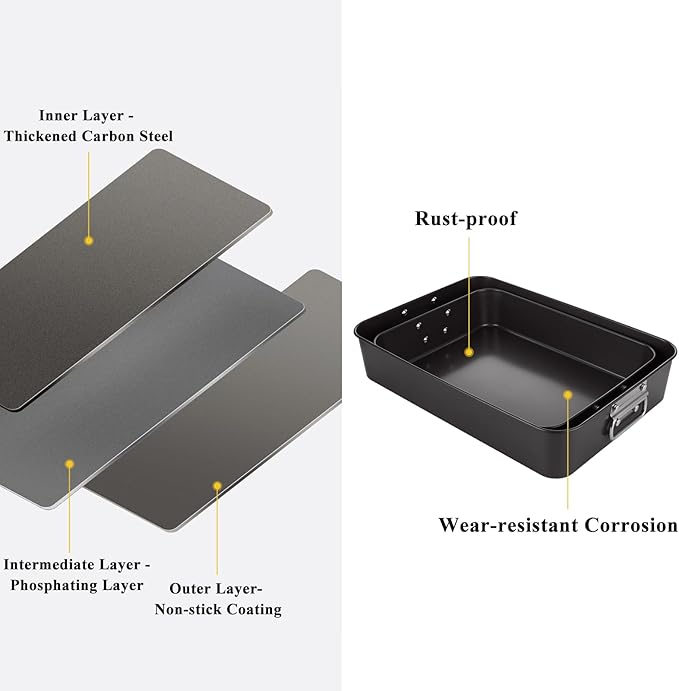 CYEAH 2 Pack Lasagna Pan Deep Baking Pan for Oven, 13.7 in & 16 inch Baking Dishes for Oven, Roasting Pan Brownie Pan with Handles, Nonstick Rectangle Cake Pans Sets for Baking Cooking, Black