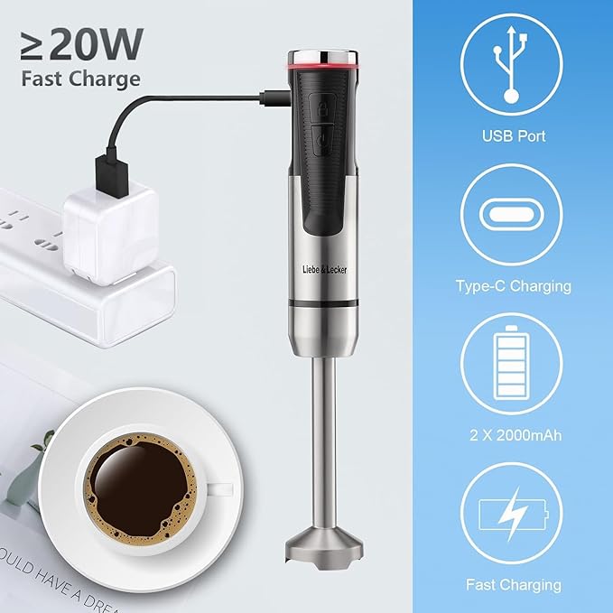 Liebe&Lecker Immersion Blender Cordless Handheld, 3 in 1 Cordless Hand Blender, 8 Speed Cordless Immersion Blender, Wireless Handheld Portable Mixer with Whisk Milk Frother for Soup Smoothie