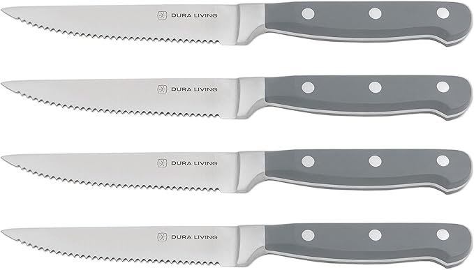 DURA LIVING Premium 4-Piece Steak Knife Set – Sharp Serrated Blades, Forged High Carbon Stainless Steel, Full Tang, Ergonomic Handle, Elegant Gray Finish – Ideal for Dining & Entertaining