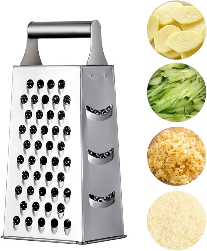 4 Sides Box Grater For Kitchen,Stainless Steel Cheese Grater With Handle,Multi-Function Vegetable Slicer Food Shredder For Chees,Ginger,Vegetables,Dishwasher Safe, Silver