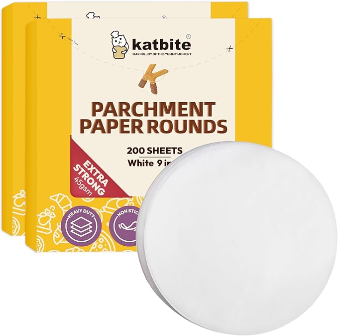 Katbite 9 Inch 400Pcs Parchment Paper Rounds, Round Parchment Paper for Cake Baking, Air Fryer Liners, Freezing, Tortilla Press(2 Pack of 200Pcs)