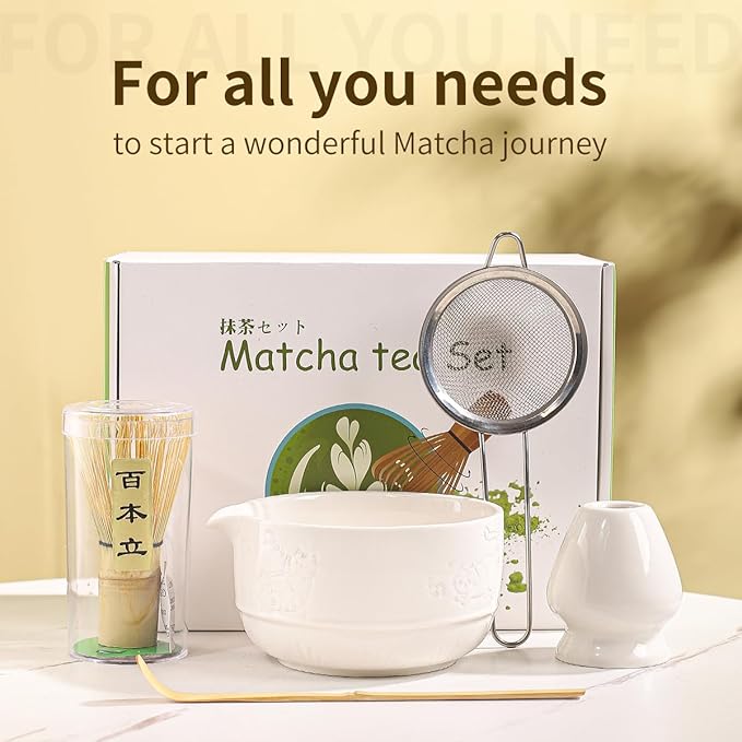 Matcha Tea Set, 5-Piece Ceramic Matcha Bowl & Whisk Kit with Cute Cat Pattern, Traditional Japanese Chawan, Scoop & Sifter, Perfect for Tea Ceremony, Gift for & Tea Lovers (white)