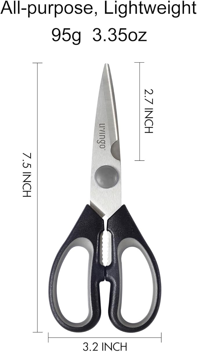 LIVINGO 7.5" Kitchen Scissors All Purpose for Sharp Cutting Small Bones & Vegetables, with Nutcracker Grip Comfortable, Heavy-duty Food Shears for Home Cooking