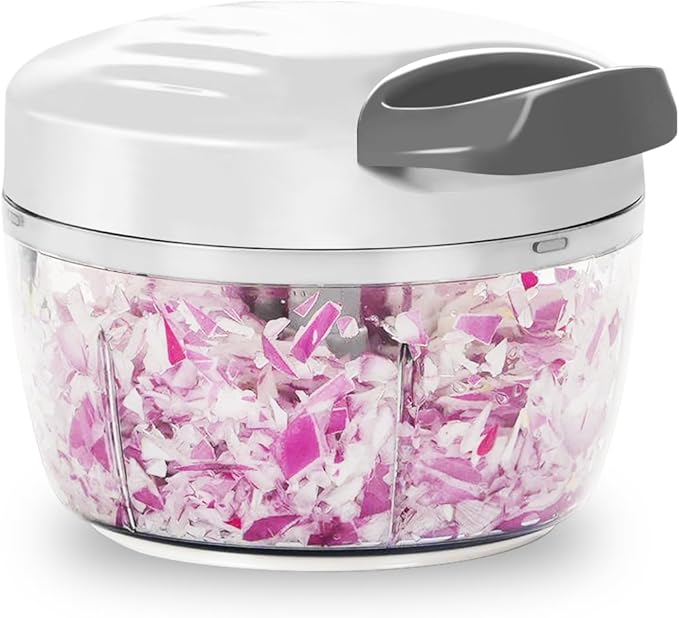 Manual Food Processor & Vegetable Chopper White - 2.3 Cup Mini Hand-Pull Cord Kitchen Chopper for Onion, Garlic, Vegetables with 3 Stainless Steel Blades