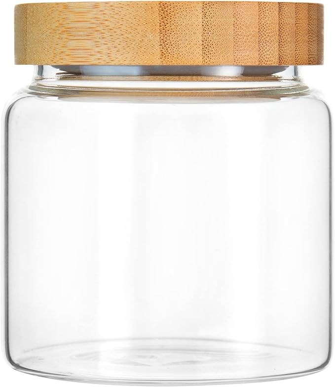 480 ml / 16 oz clear cute glass storage canister holder with airtight bamboo lid, modern decorative small container jar for coffee, spice, candy, salt, cookie, condiment, pepper, sugar
