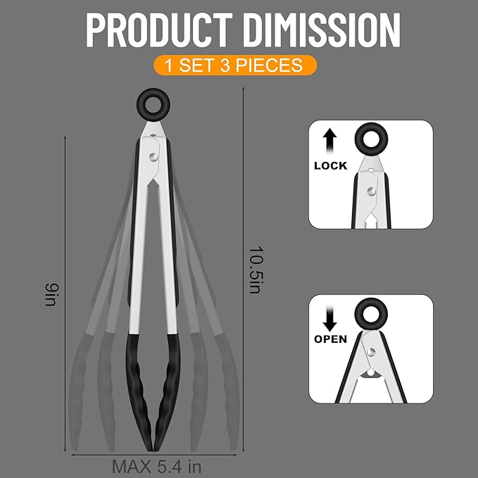 Hotec Silicone Kitchen Tongs for Cooking 9-Inch Serving Tongs with Silicone Tips, Set of 3 (Black)
