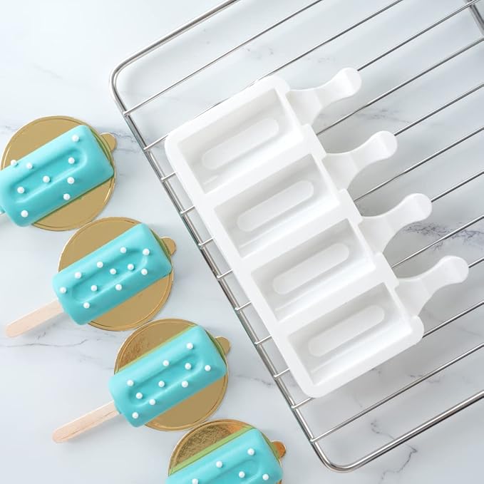Pastry Tek 4 Cavities Popsicle Molds, 10 Cylinder Cakesicle Molds - Flexible, Freezable, White Silicone Cake Popsicle Molds, Easy Release, For Baking - Restaurantware